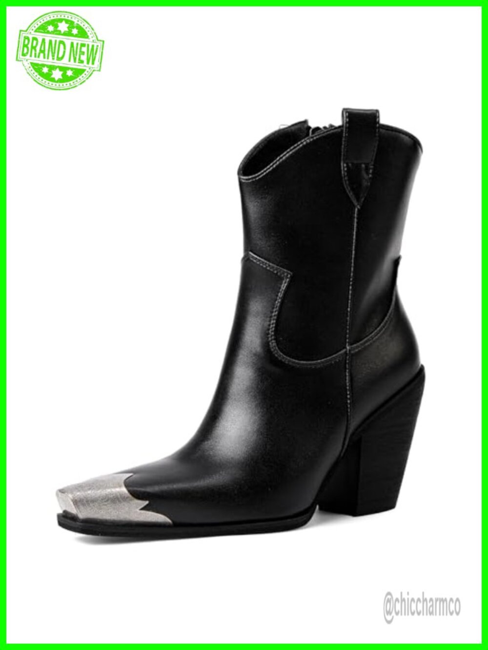 Engraved Steel Toe Cowboy Ankle Boots Faux Leather Stacked Block Heel